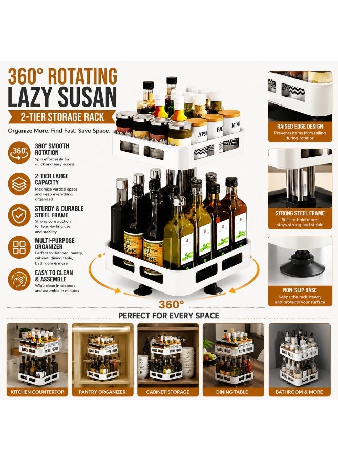 Arabest 360° rotating lazy susan spice rack, 2-tier steel frame kitchen storage organizer, countertop and pantry turntable holder for oils, sauces, condiments, bottles and jars - Image 2