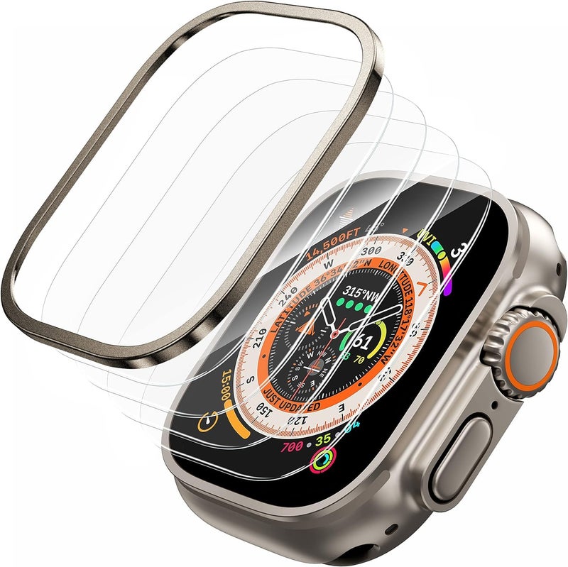 AWH Apple Watch Ultra 2/1 49mm Titanium Bumper Case with 4-Pack Full Coverage Tempered Glass Screen Protector - Image 1
