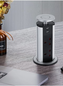 Y&D Pop Up Socket, Pull Electrical Plug Socket Extension with 3 UK Sockets & 2 USB Charger Ports for Home Office Kitchen Worktops Desktop, Aluminum Alloy Shell, 1.8 m Cord  - Image 1