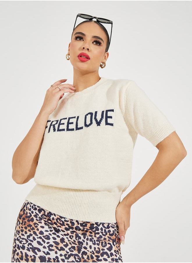 Styli Regular Fit Freelove Slogan Knit T-Shirt  - Image 1