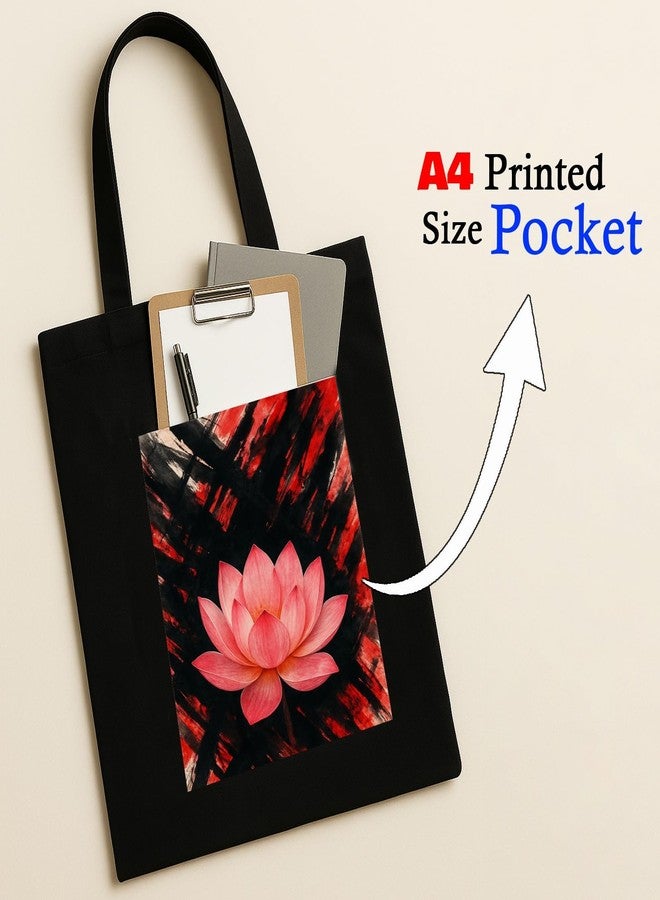 Megrok Lotus Chaos Art Tote Bag for Women | Front A4 Size Printed Pocket | 16x14 Inch Bohemian Cotton Bag | Vibrant Pattern for Creative Women - Image 3