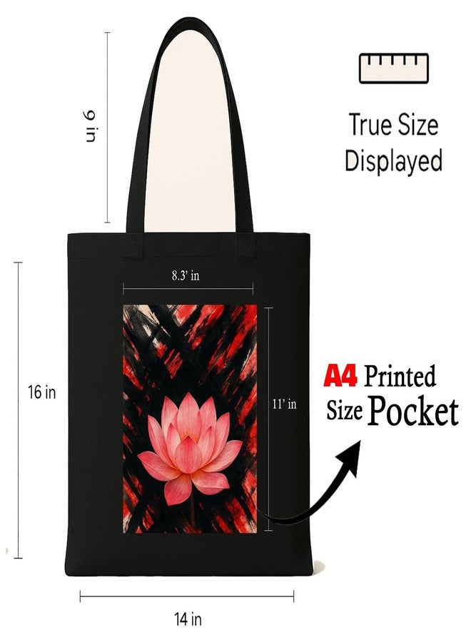 Megrok Lotus Chaos Art Tote Bag for Women | Front A4 Size Printed Pocket | 16x14 Inch Bohemian Cotton Bag | Vibrant Pattern for Creative Women - Image 2