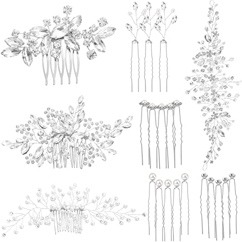 Maitys 44 Pieces Wedding Hair Accessories Faux Pearl Crystal Comb Clips U-shaped Flower Rhinestone Silver Pearl Hair Pieces for Prom Bride Bridesmaid(Elegant Style) - Image 1