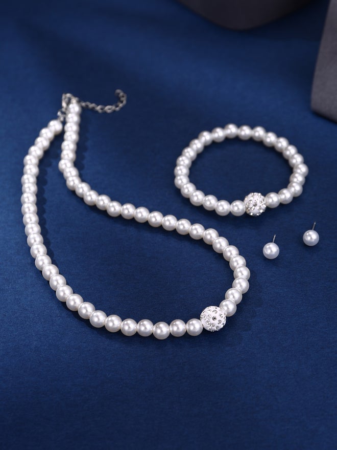 Take Two Set of 3 - Faux Pearl Necklace, Bracelet, and Earrings - Image 2