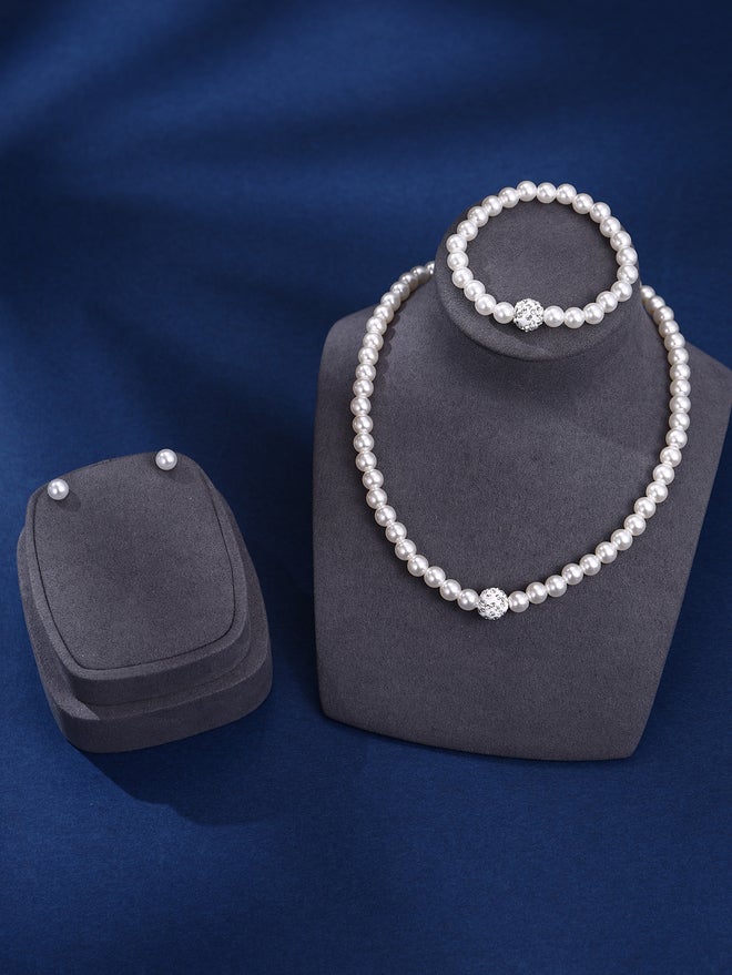 Take Two Set of 3 - Faux Pearl Necklace, Bracelet, and Earrings - Image 3