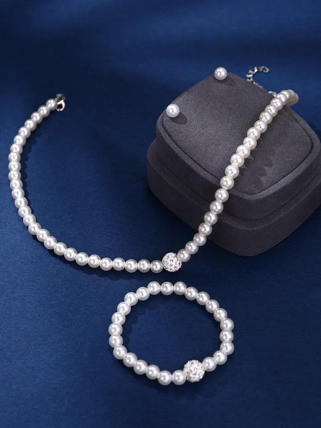 تايك تو Take Two Set of 3 - Faux Pearl Necklace, Bracelet, and Earrings