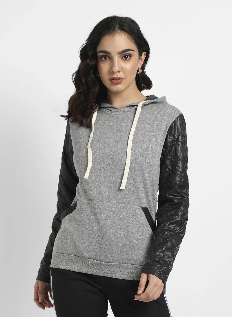 Campus Sutra Women's Grey & Black Pullover Sweatshirt With Quilted Sleeves