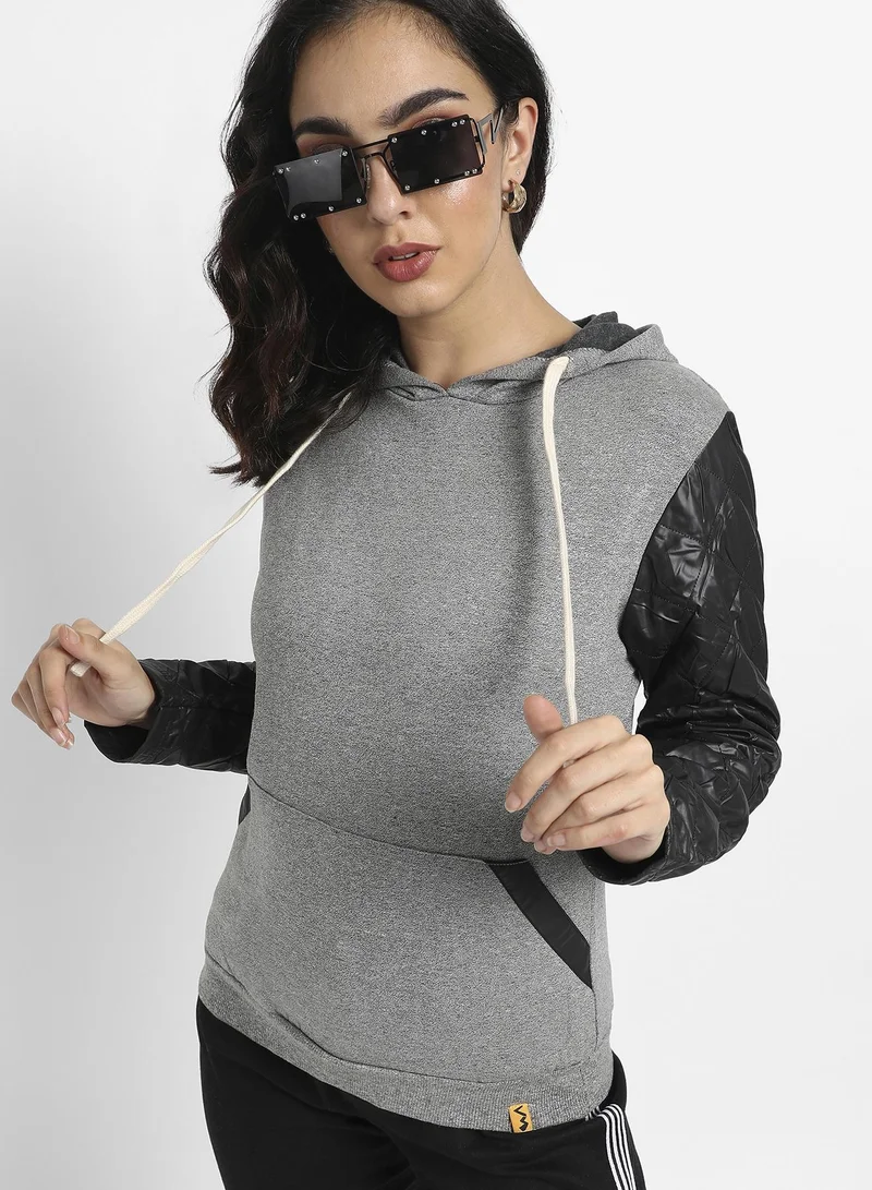 Campus Sutra Women's Grey & Black Pullover Sweatshirt With Quilted Sleeves