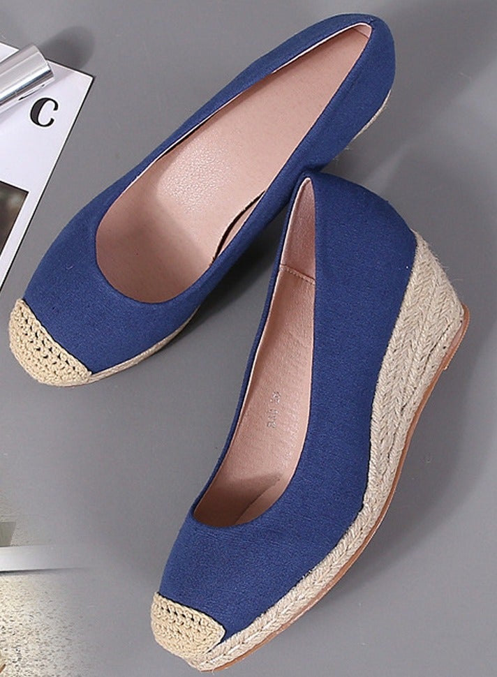 Loquat Women's Platform Espadrilles Wedge Heeled Sandals Slip On Closed Round Toe Wedge Shoes Navy Blue - Image 2