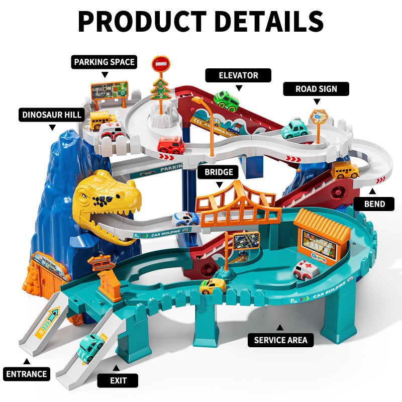 TEMI Boys Dinosaur Race Track Playset, Kids Car Garage Parking Adventure Toy with 10 Mini Cars, Educational Toy Ramp Playset for 3 4 5 7 8 Year Old Toddler Boys Preschool Girls - Image 2