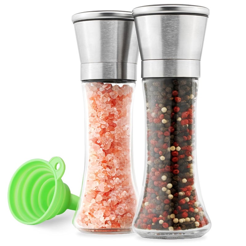Rexez Premium Stainless Steel Sea Salt and Pepper Grinder Set of 2 Adjustable Ceramic Tall Glass Salt and Pepper Shakers Pepper Mill Salt Mill WFunnel - Image 1