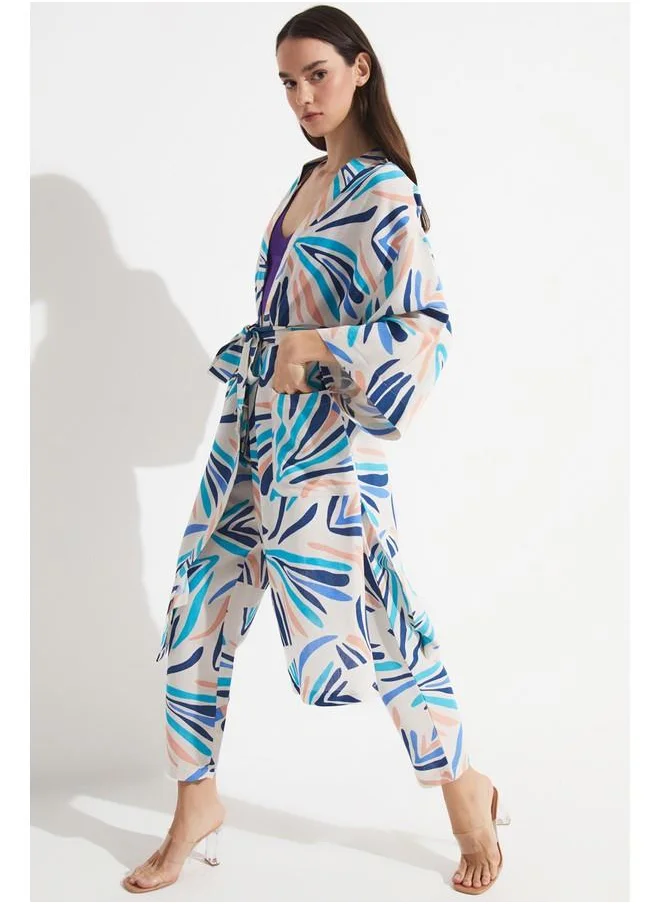 JUNE June Women Exclusive Patterned Linen Blend Woven Kimono&Kaftan Blue