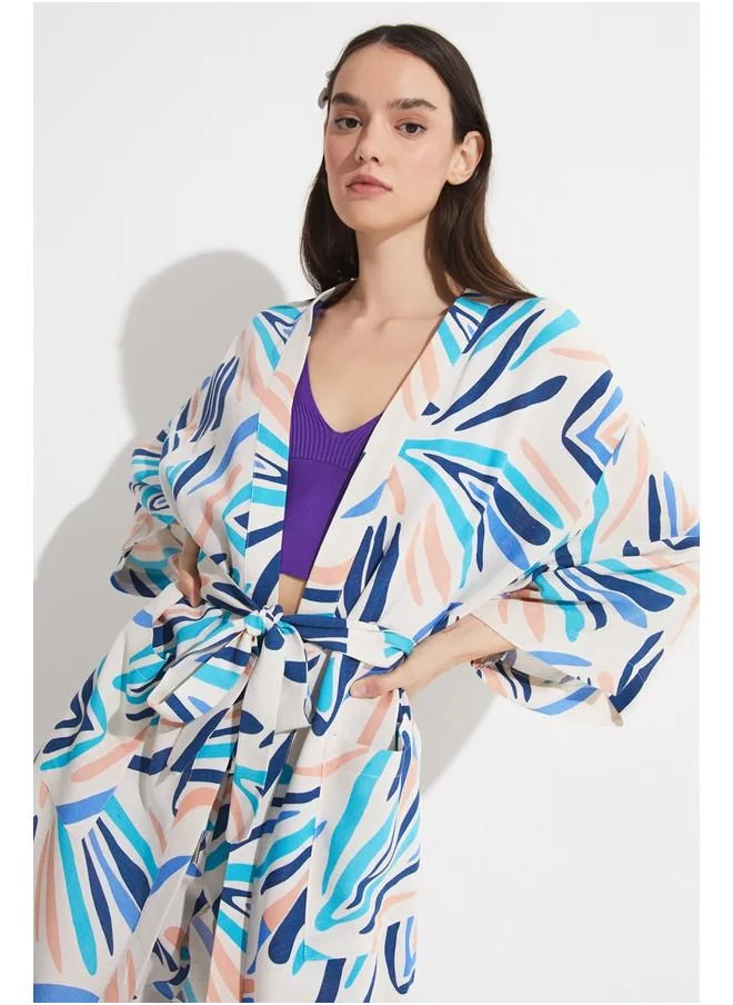 JUNE June Women Exclusive Patterned Linen Blend Woven Kimono&Kaftan Blue