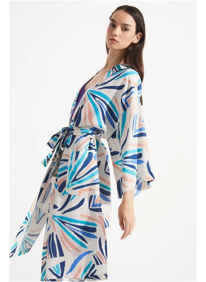 جون June Women Exclusive Patterned Linen Blend Woven Kimono&Kaftan Blue