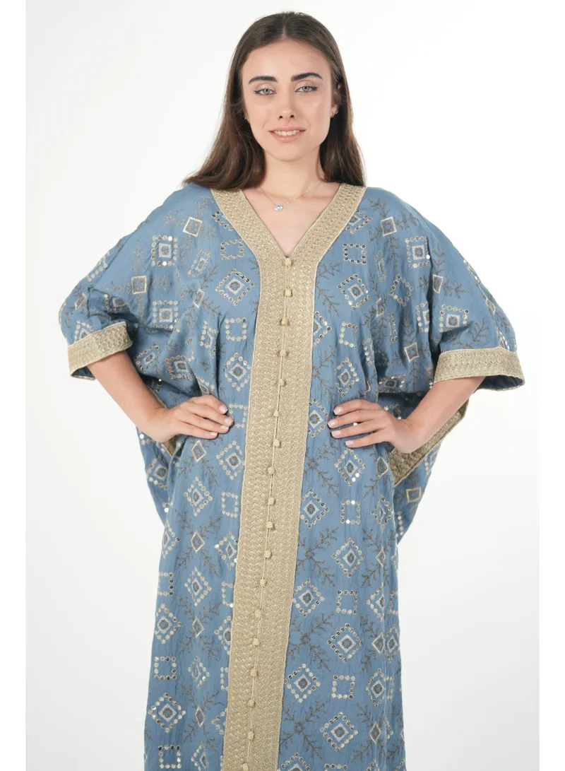AL BENT AL SHARQIEH blue Free size women embroidered jalabiya dress with invisible belt for Women | Best Price UAE