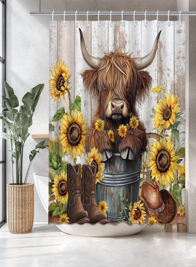 Mocsicka Cute Highland Cow Shower Curtain Sunflower Highland Cattle Farmhouse Western Bathroom Shower Curtain Funny Cattle Waterproof Fabric Shower Curtain Bathtub Decor with 12 Hooks 72 X 72 Inch - Image 1