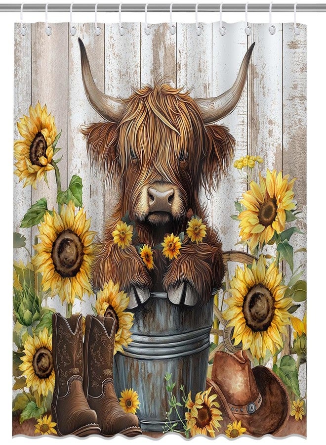 Mocsicka Cute Highland Cow Shower Curtain Sunflower Highland Cattle Farmhouse Western Bathroom Shower Curtain Funny Cattle Waterproof Fabric Shower Curtain Bathtub Decor with 12 Hooks 72 X 72 Inch - Image 3
