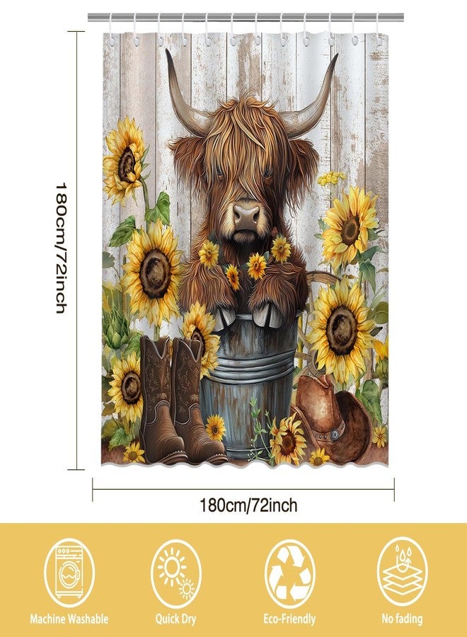 Mocsicka Cute Highland Cow Shower Curtain Sunflower Highland Cattle Farmhouse Western Bathroom Shower Curtain Funny Cattle Waterproof Fabric Shower Curtain Bathtub Decor with 12 Hooks 72 X 72 Inch - Image 4
