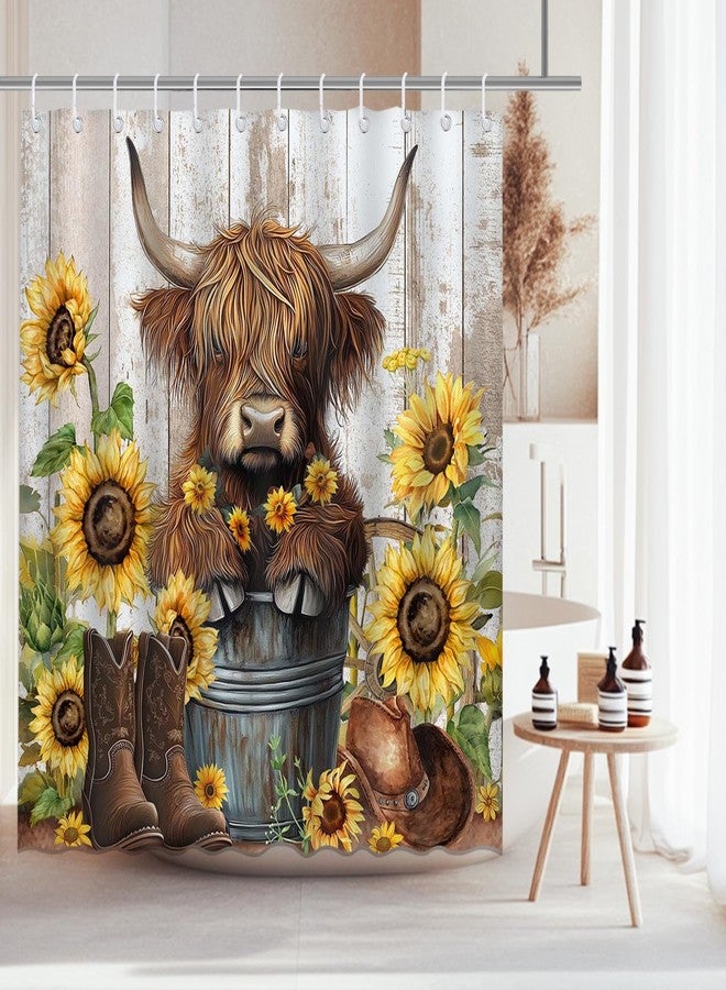 Mocsicka Cute Highland Cow Shower Curtain Sunflower Highland Cattle Farmhouse Western Bathroom Shower Curtain Funny Cattle Waterproof Fabric Shower Curtain Bathtub Decor with 12 Hooks 72 X 72 Inch - Image 2