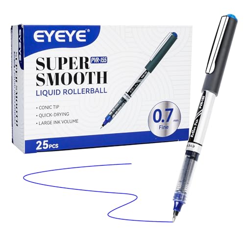 EYEYE Blue Rollerball Pens 07mm 25 Pack Liquid Ink Roller Ball Pen Medium Point Quick Dry Blue Ink Pens Fine Point Smooth Writing Pen for Journaling Note Taking Office School Supplies - Image 1
