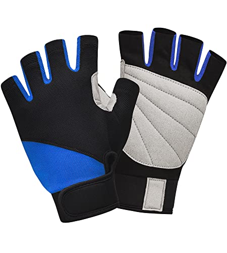 ChinFun Unisex Fishing Gloves Padded Palm Fingerless Kayaking Glove Men Women Water Ski, Canoeing, Windsurfing, Kiteboarding, Sailing Blue & Black L - Image 1