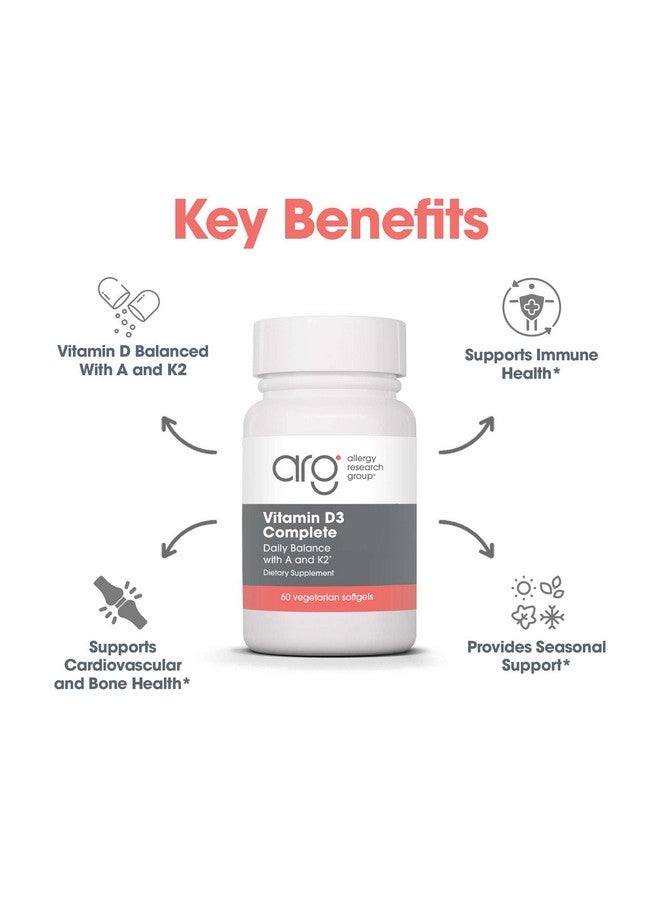 Allergy Research Group Vitamin D3 Complete - Vitamin D3 and K2 Supplement, Daily Balance, with Vitamin A, DeltaGold Tocotrienols, High Potency, Veggie Softgels - 60 Count - Image 4