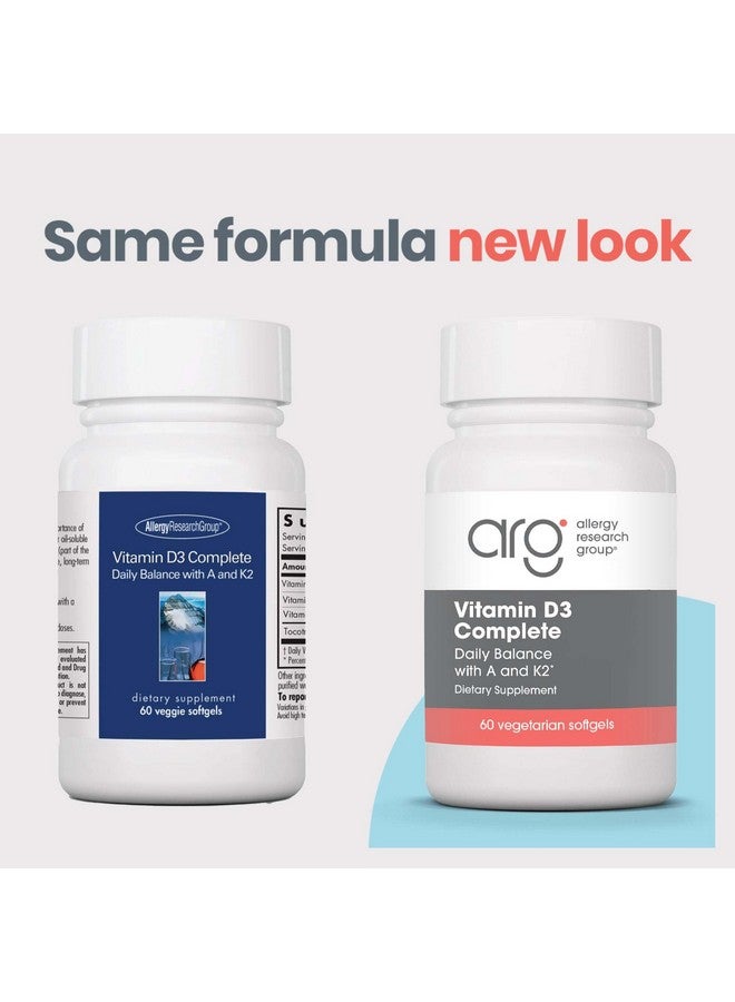 Allergy Research Group Vitamin D3 Complete - Vitamin D3 and K2 Supplement, Daily Balance, with Vitamin A, DeltaGold Tocotrienols, High Potency, Veggie Softgels - 60 Count - Image 2