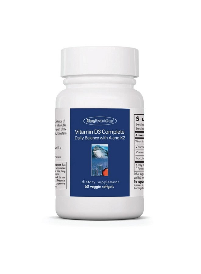 Allergy Research Group Vitamin D3 Complete - Vitamin D3 and K2 Supplement, Daily Balance, with Vitamin A, DeltaGold Tocotrienols, High Potency, Veggie Softgels - 60 Count - Image 1