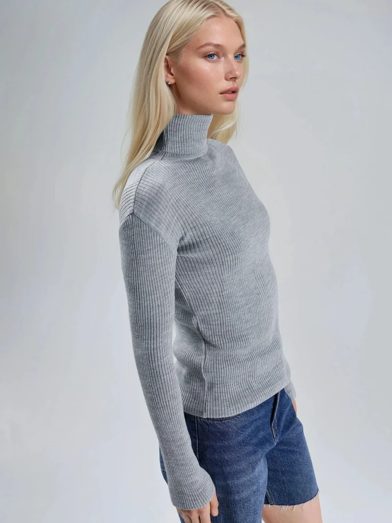 My Fashion Light Grey MY FASHION Fitted Textured Turtleneck Sweater for Women | Best Price UAE
