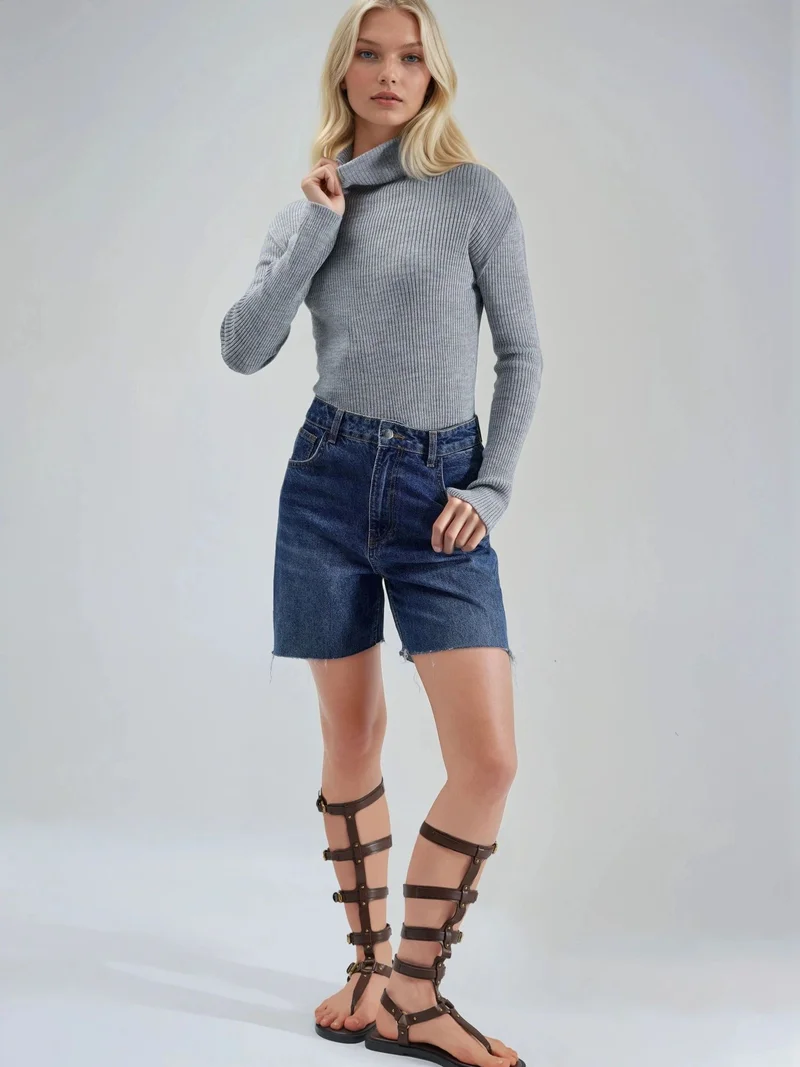 My Fashion Light Grey MY FASHION Fitted Textured Turtleneck Sweater for Women | Best Price UAE