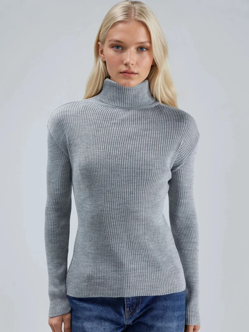 My Fashion Light Grey MY FASHION Fitted Textured Turtleneck Sweater for Women | Best Price UAE