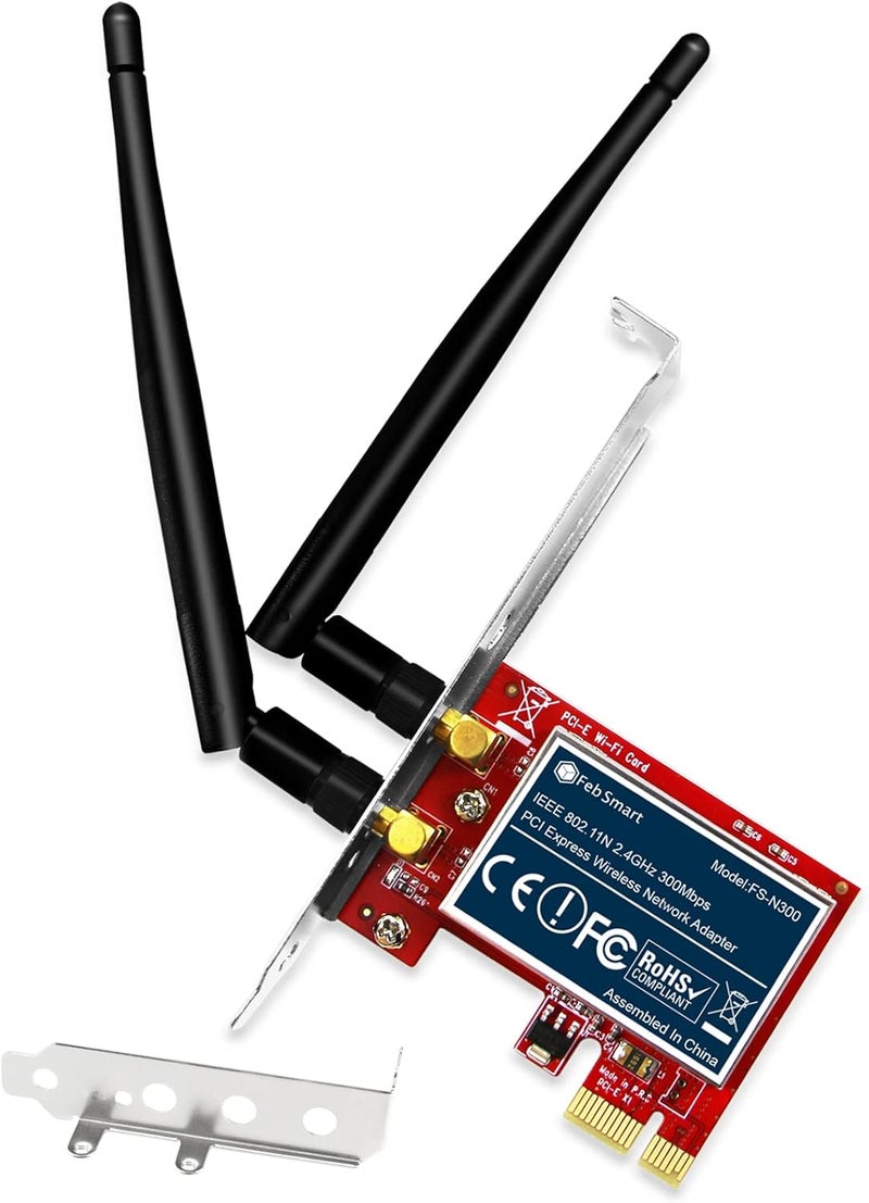 FebSmart Wireless N 2.4GHz 300Mbps PCIE Wireless Network Adapter for Windows 11, 10, 8.1, 8, 7, XP (32/64bit), Windows Server and Linux PCs, PCIE WiFi Card, PCIE WiFi Adapter (FS-N300) - Image 1