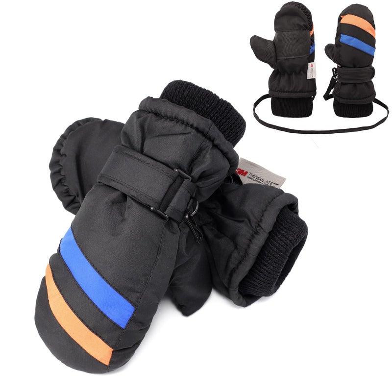 F Flammi Toddler Kids Snow Mittens with String Waterproof Ski Mittens Thinsulate Winter Gloves for Baby Girls Boys(Black, 4-6 Years) - Image 1