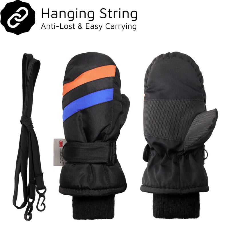 F Flammi Toddler Kids Snow Mittens with String Waterproof Ski Mittens Thinsulate Winter Gloves for Baby Girls Boys(Black, 4-6 Years) - Image 2