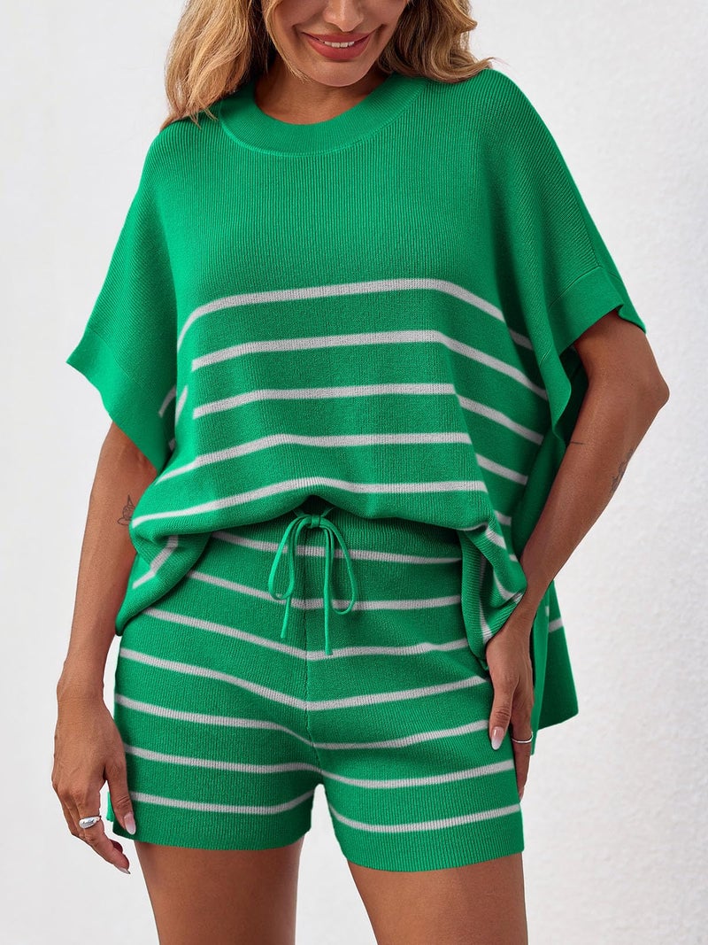 Fisoew Women's Striped 2 Piece Outfits Oversized Batwing Short Sleeve Tops High Waisted Shorts Summer Knit Lounge Short Sets Green - Image 3