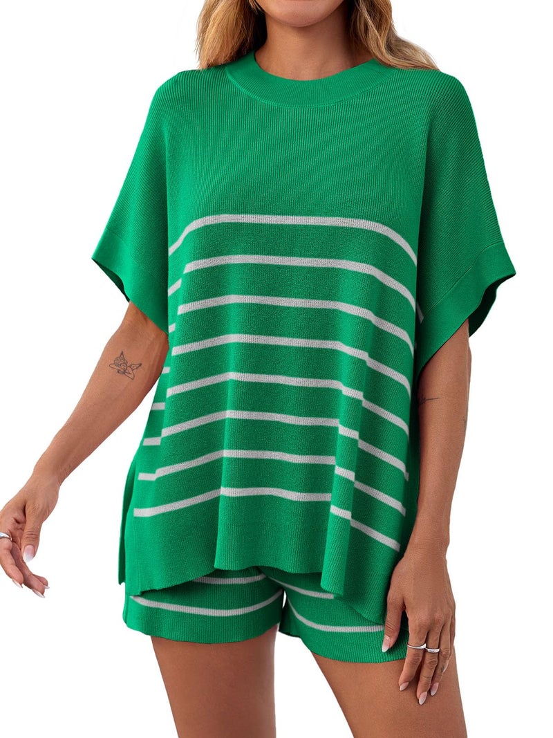 Fisoew Women's Striped 2 Piece Outfits Oversized Batwing Short Sleeve Tops High Waisted Shorts Summer Knit Lounge Short Sets Green - Image 1