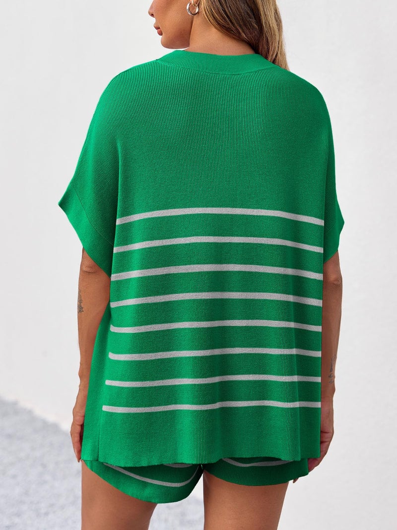 Fisoew Women's Striped 2 Piece Outfits Oversized Batwing Short Sleeve Tops High Waisted Shorts Summer Knit Lounge Short Sets Green - Image 2