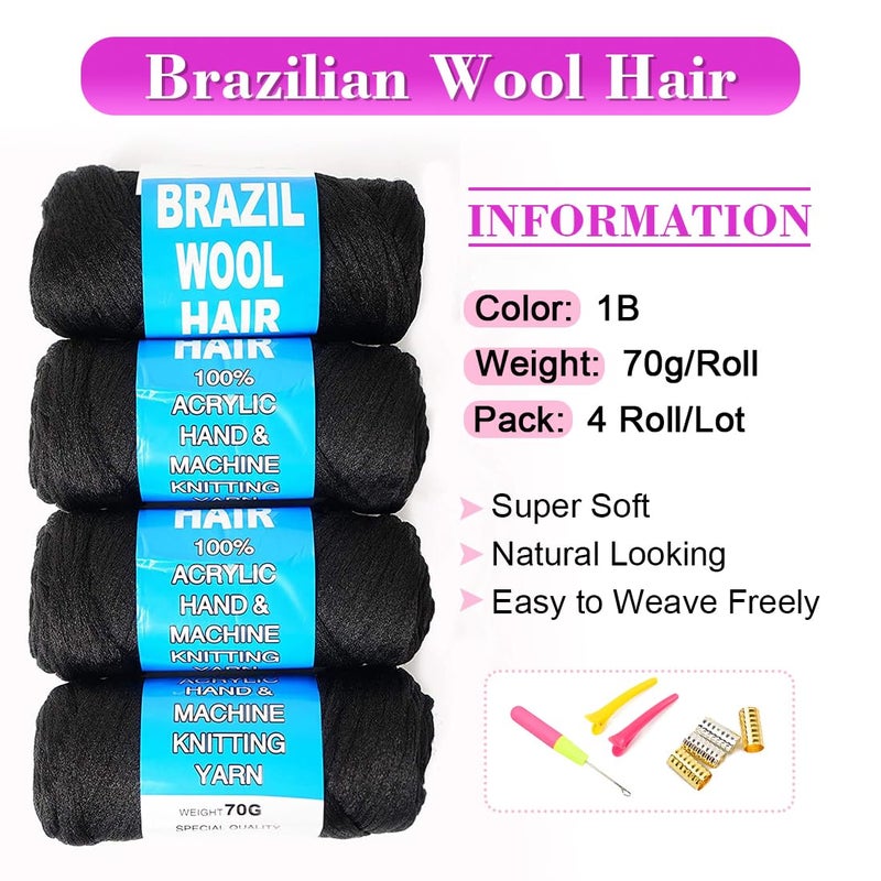 Youngther 100% Brazilian Wool Hair Acrylic Yarn for African Braids/Senegalese Twist/Faux Locs/Wraps with Crochet Hook(4 Roll, Natural Black) - Image 2