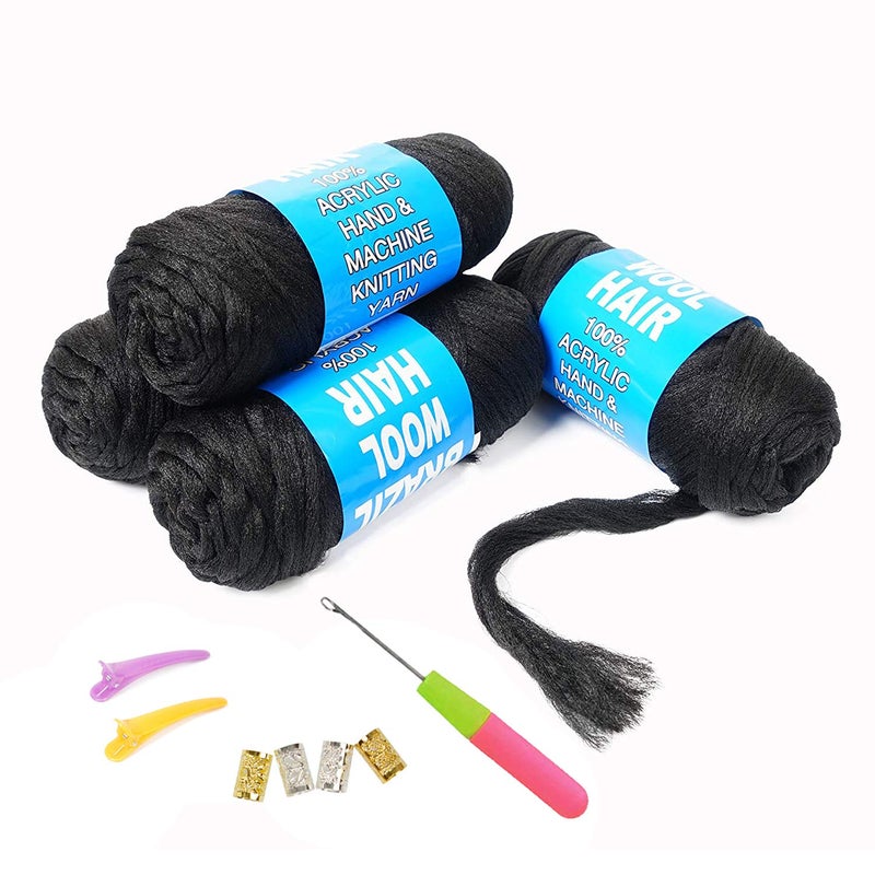 Youngther 100% Brazilian Wool Hair Acrylic Yarn for African Braids/Senegalese Twist/Faux Locs/Wraps with Crochet Hook(4 Roll, Natural Black) - Image 1