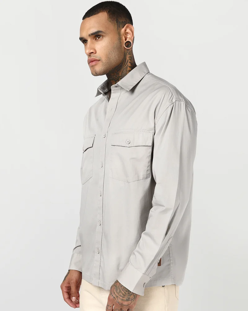 بيواكوف Men's Light Grey Oversized Shirt