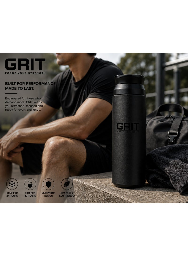 GRIT Insulated Flask Bottle 500ml - Hot & Cold Stainless Steel Flask - Modern Compact Design, Comfortable Grip & Leakproof Lid - Black Stainless Steel Flask - Image 4