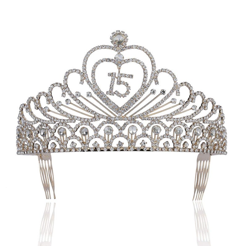 Janefashions Quinceanera Sweet 15 Fifteen 15th Birthday Party coronas de quinceañeras Clear White Austrian Rhinestone Tiara Crown with Hair Combs Princess Gold Plated Silver Plated T1756 (Gold Plated With Combs) - Image 1
