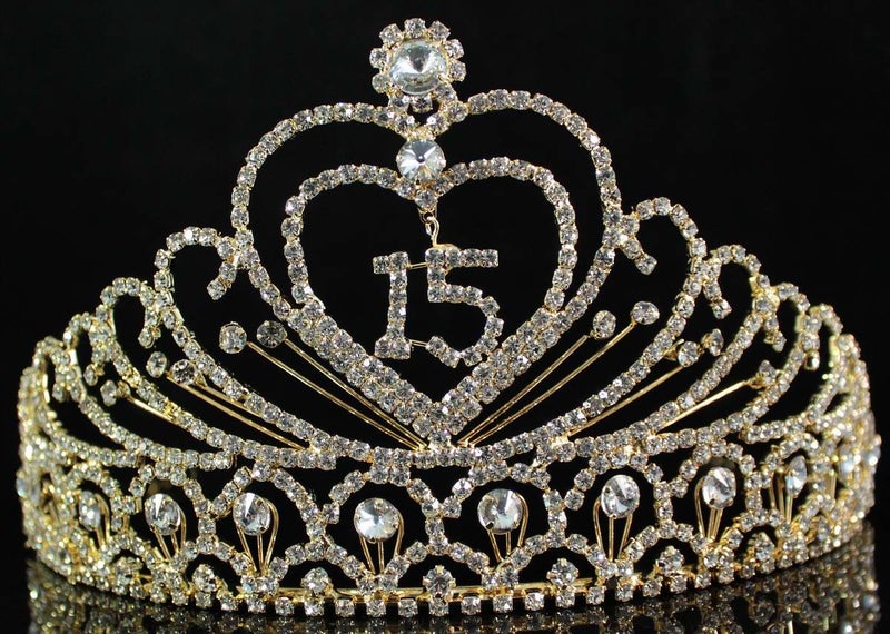 Janefashions Quinceanera Sweet 15 Fifteen 15th Birthday Party coronas de quinceañeras Clear White Austrian Rhinestone Tiara Crown with Hair Combs Princess Gold Plated Silver Plated T1756 (Gold Plated With Combs) - Image 3