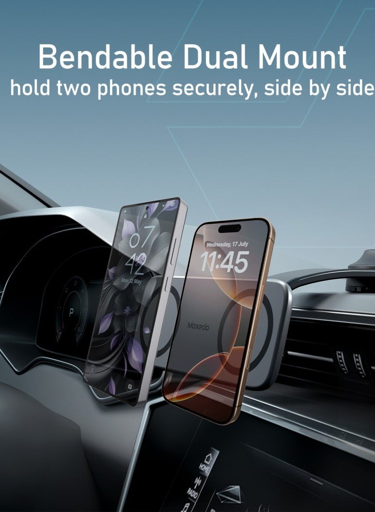 Moxedo Duo-Magnetic Car Mount Holder Bendable Dual Phone Holder 360 Rotating Base Strong Magnetic Absorption Compatible All iOS and Android - Image 5
