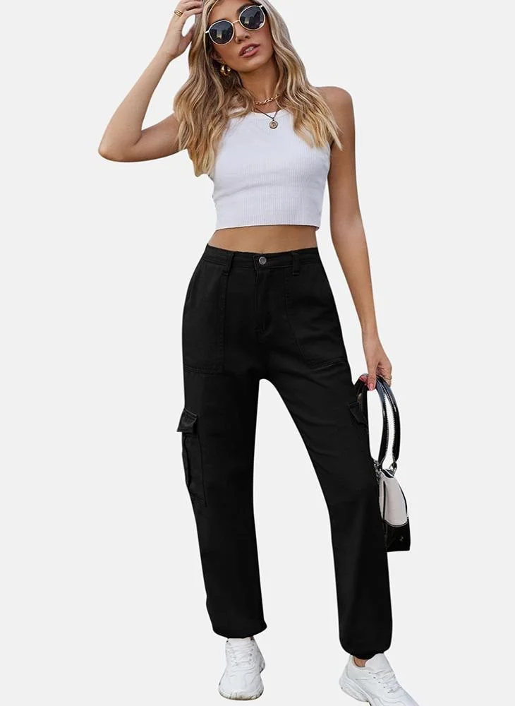YUNIQEE Black Regular Fit Mid Rise Plain Cargo Pant