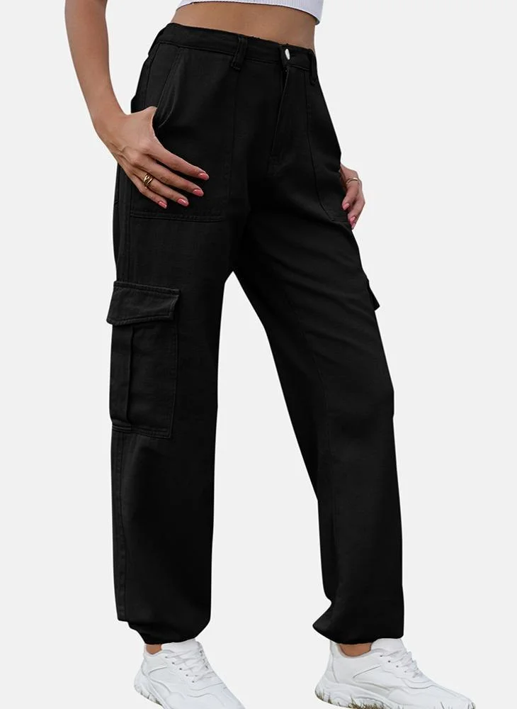 YUNIQEE Black Regular Fit Mid Rise Plain Cargo Pant