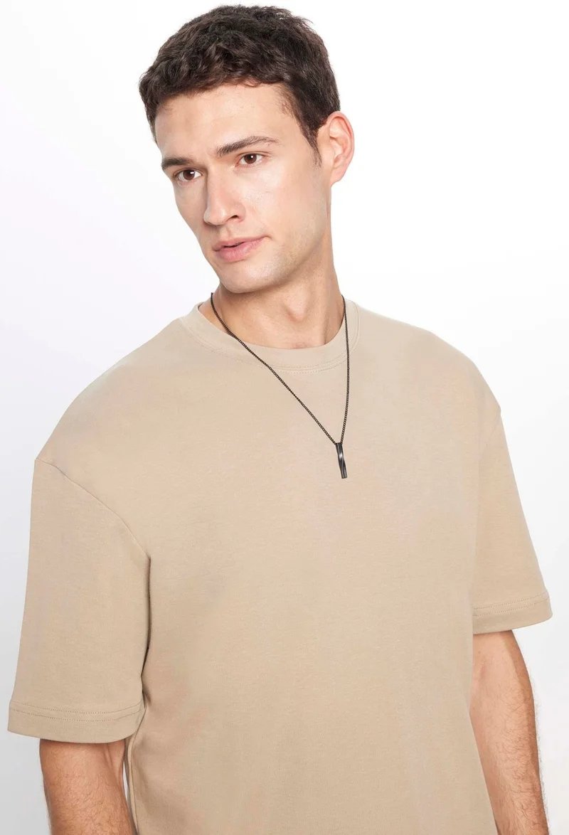 تودورس Oversize Wide Cut Cotton Soft Texture Basic Crew Neck Beige T-Shirt