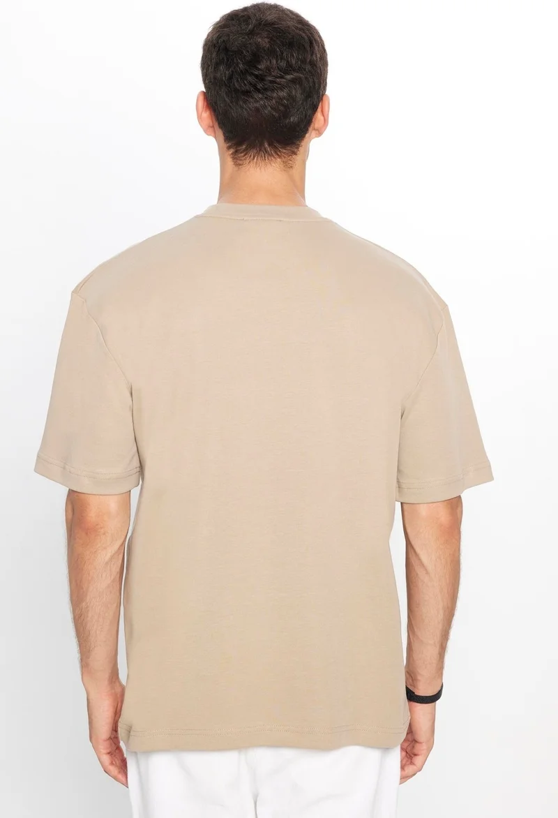 تودورس Oversize Wide Cut Cotton Soft Texture Basic Crew Neck Beige T-Shirt