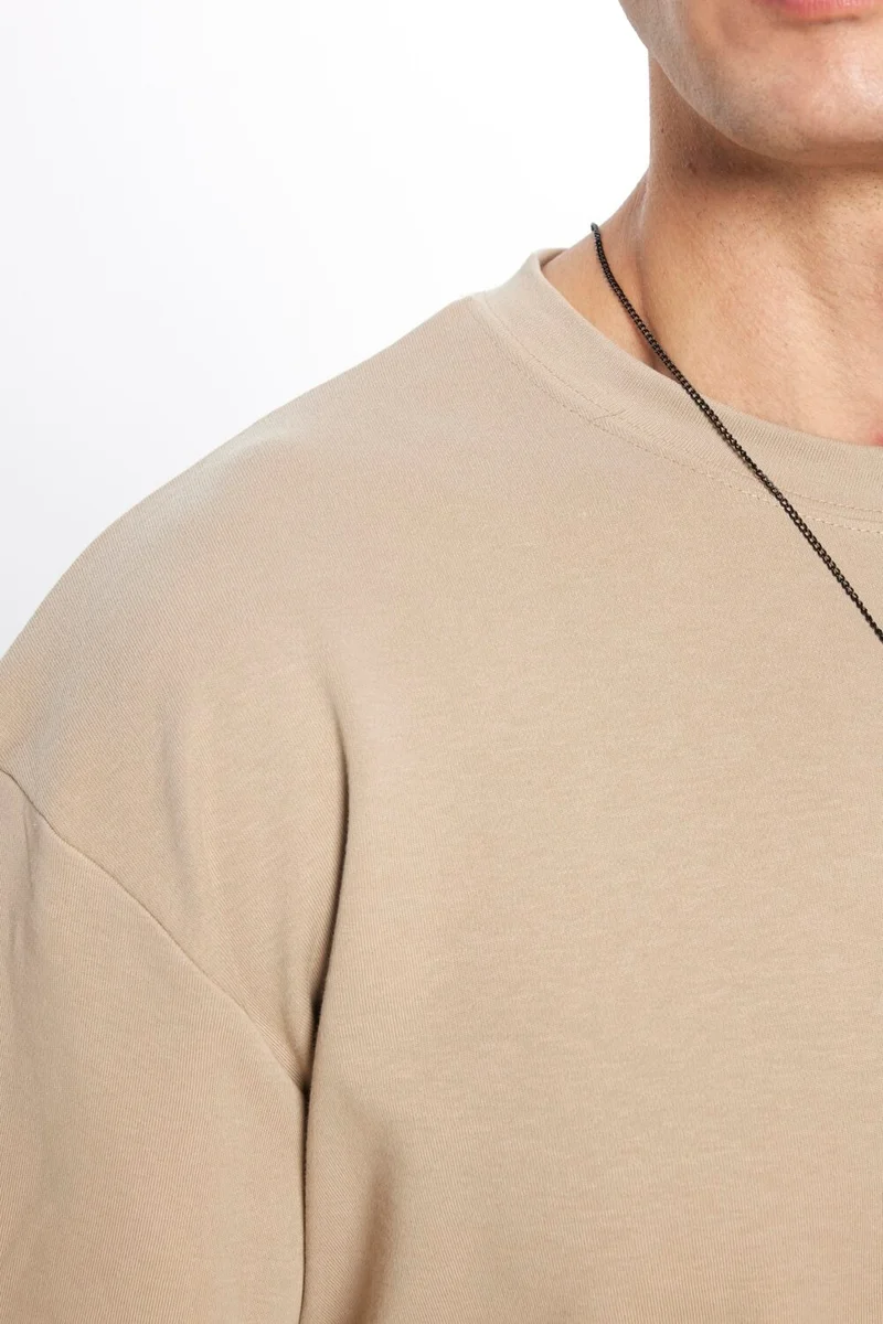 تودورس Oversize Wide Cut Cotton Soft Texture Basic Crew Neck Beige T-Shirt