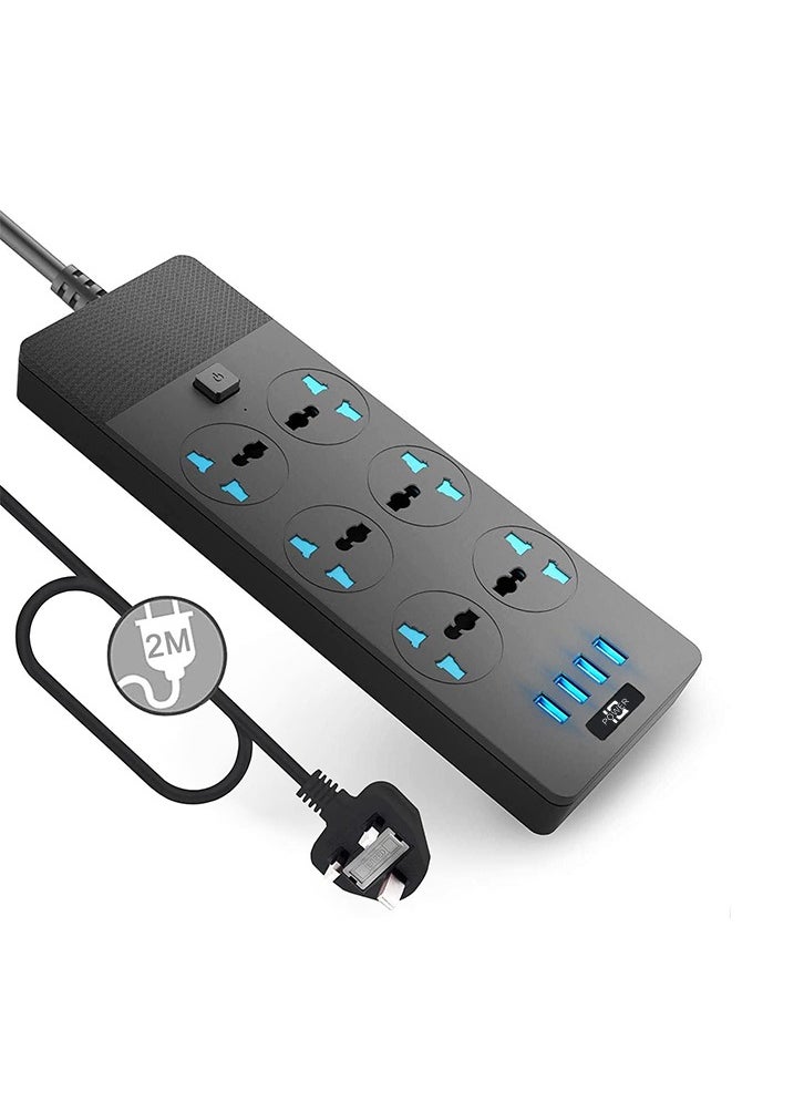 نكومي مقبس طاقة عالمي مع قابس بريطاني، مقبس طاقة مع 6 منافذ تيار متردد و4 منافذ USB، 110-240 فولت، 3000 واط، طول السلك 2 متر، سلك تمديد أسود محمول للمعدات الكهربائية أثناء السفر  - Image 1